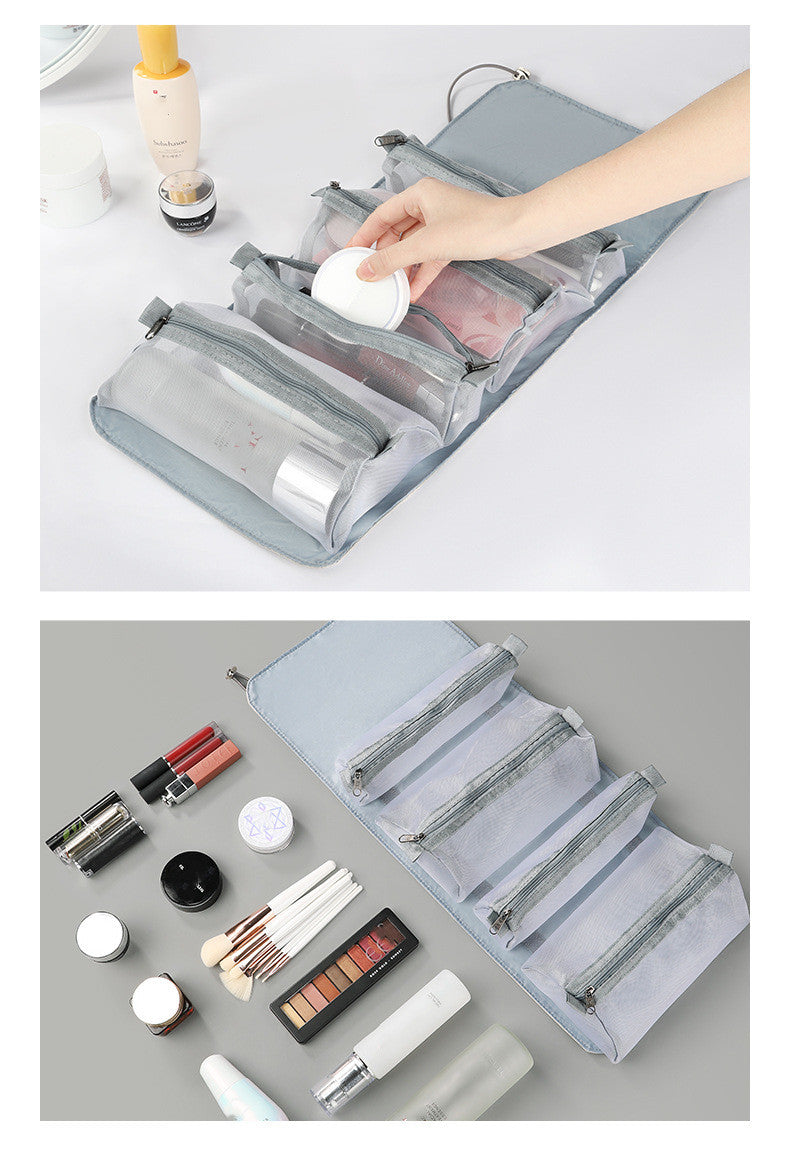 Makeup bag in use with cosmetics