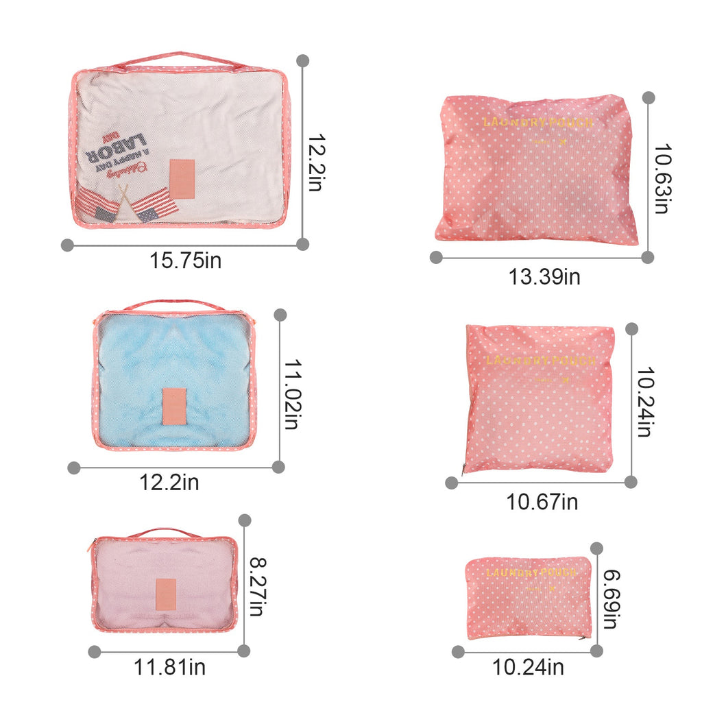 Size chart for the packing cubes and pouches (shown in pink)