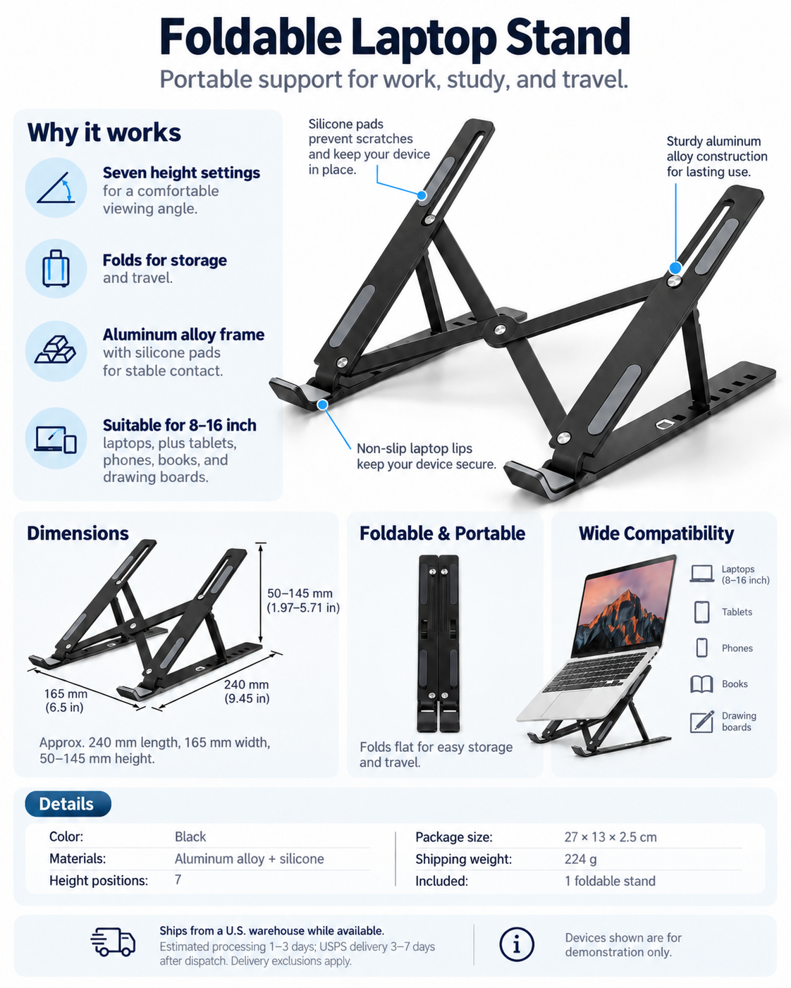 Portable Adjustable Laptop Stand | Foldable Desk Riser