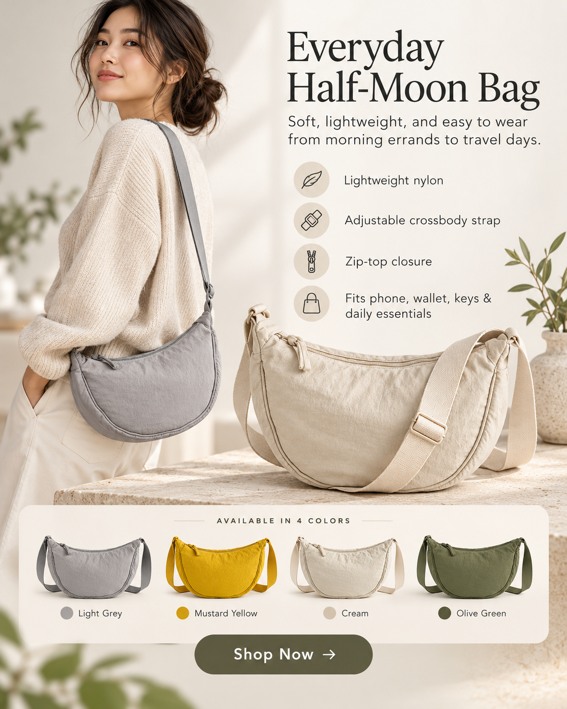 Nylon Crescent Crossbody Bag – Lightweight Dumpling Shoulder Bag (Beige / Gray / Lemon Yellow / Olive Green)
