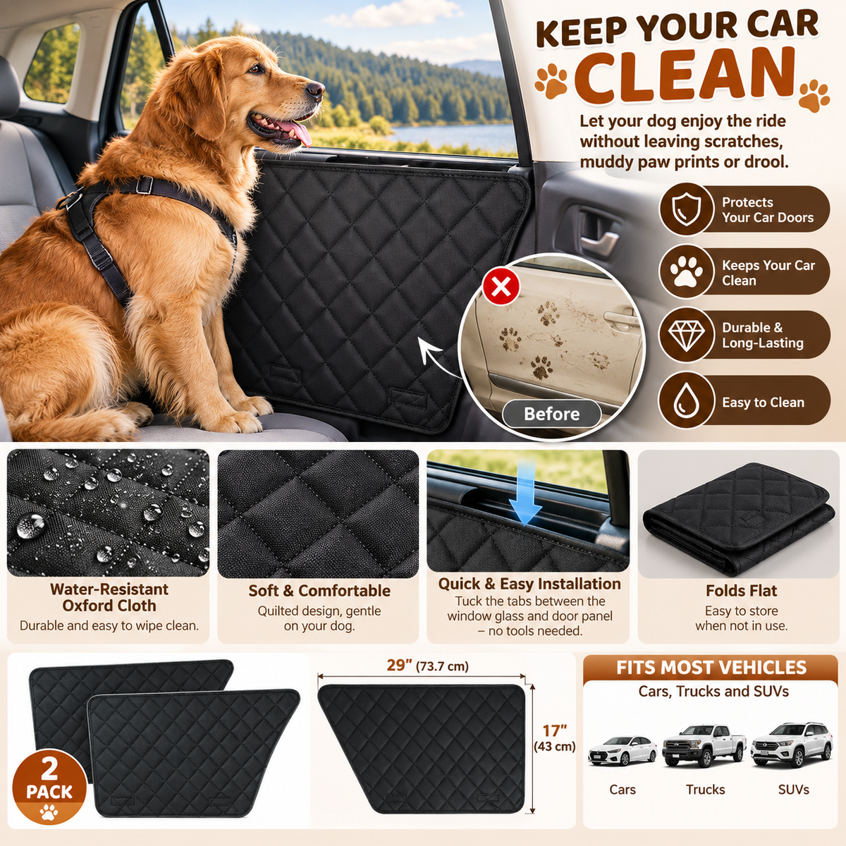Dog Car Door Protector – Quilted Scratch Guard, 2-Pack (29 × 17 in)