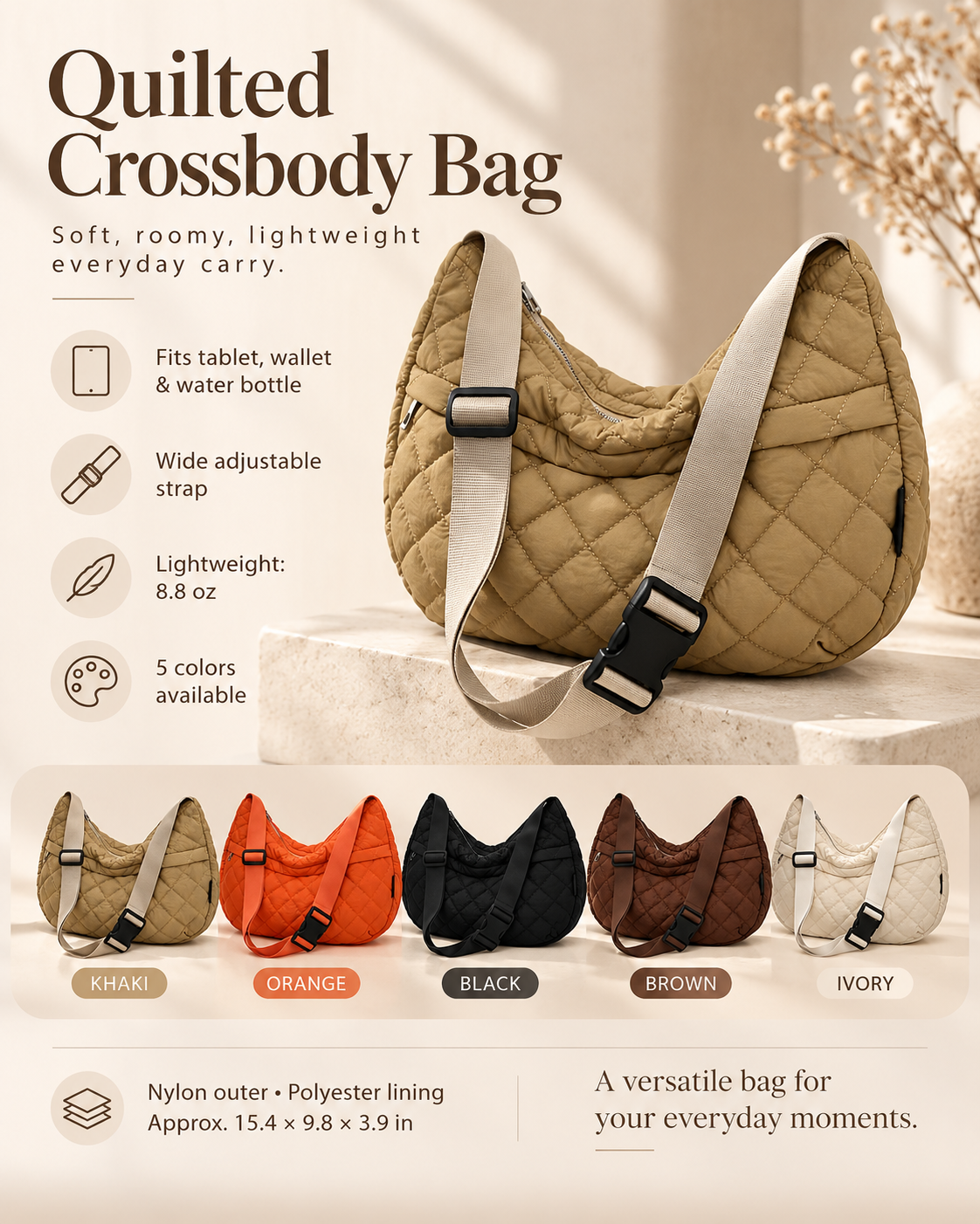 Quilted Nylon Crossbody Bag – Large Slouchy Shoulder Bag with Wide Strap (5 Colors)