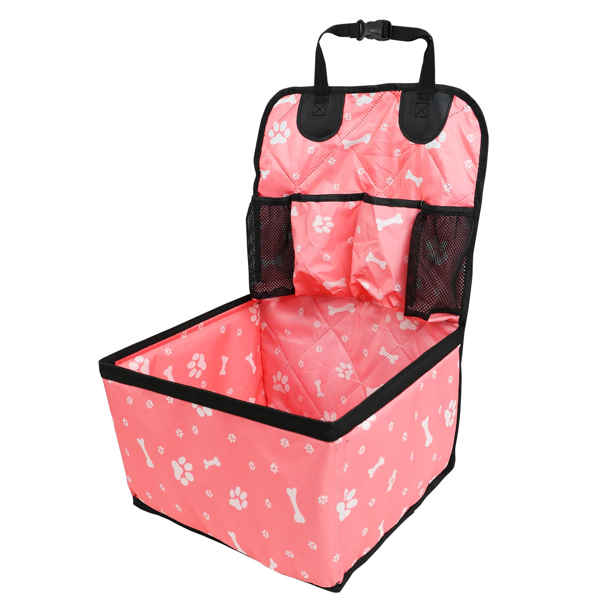 Pink portable dog car seat with white paw and bone print, open with a raised back panel, mesh side pockets and top strap