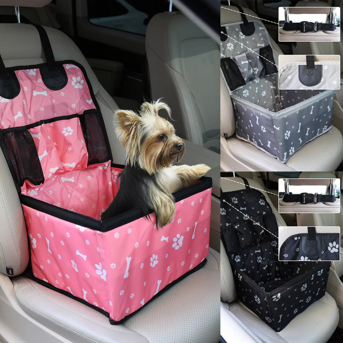 Pink portable dog car seat with a small dog sitting in it on a car seat, beside grey and black versions