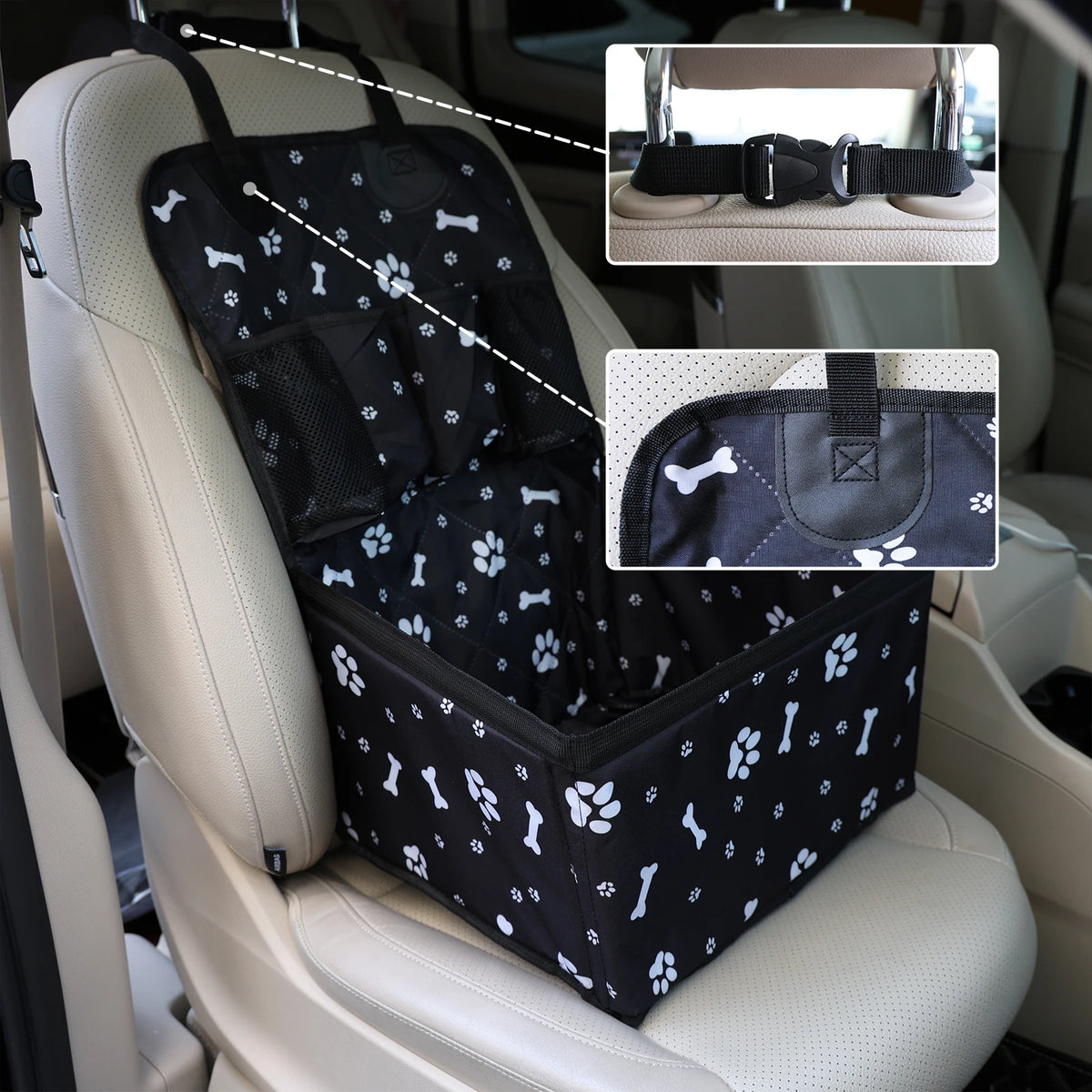 Black portable dog car seat with paw and bone print strapped to a beige car seat, with close-ups of the headrest strap