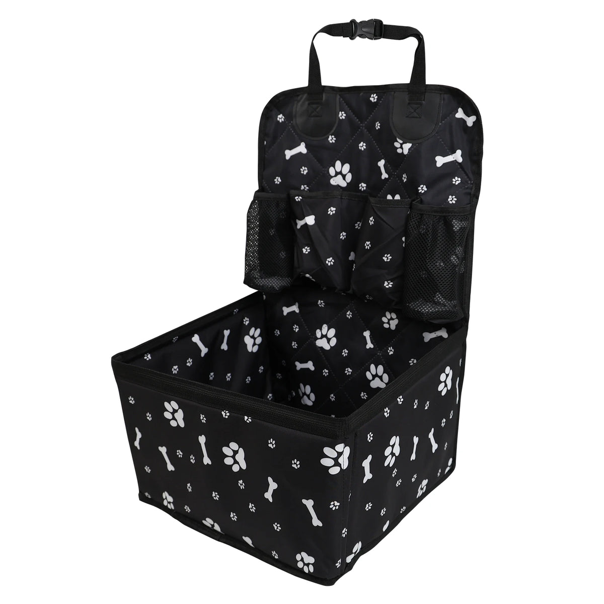 Black portable dog car seat with white paw and bone print, seen at an angle with its quilted back panel raised