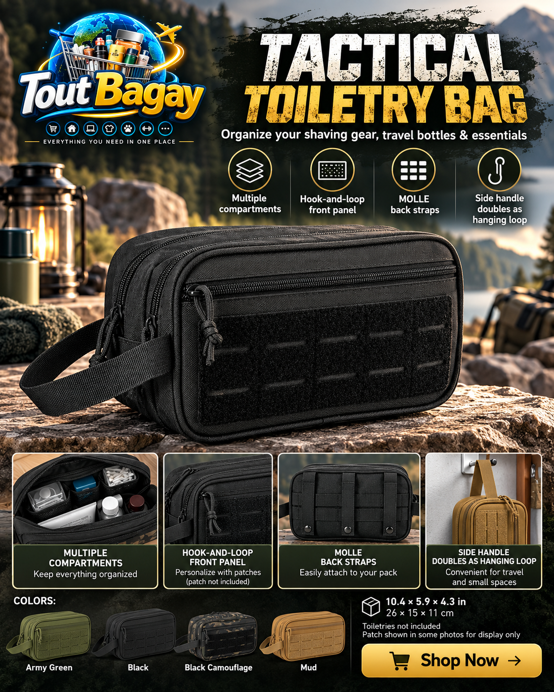 Tactical Toiletry Bag for Men – MOLLE Travel Dopp Kit with Hanging Handle (4 Colors)