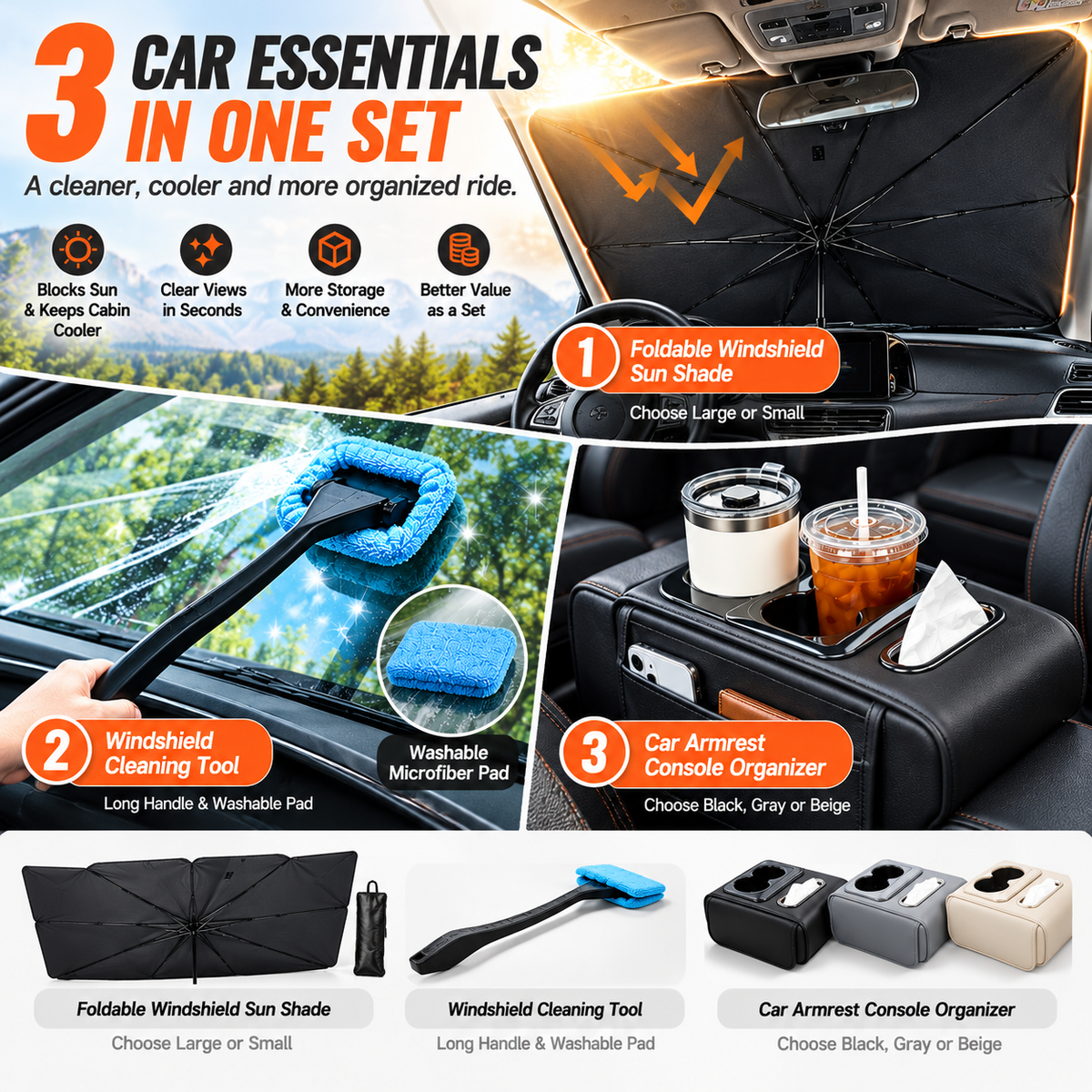 Car Comfort Kit – Sun Shade, Windshield Cleaner & Armrest Organizer