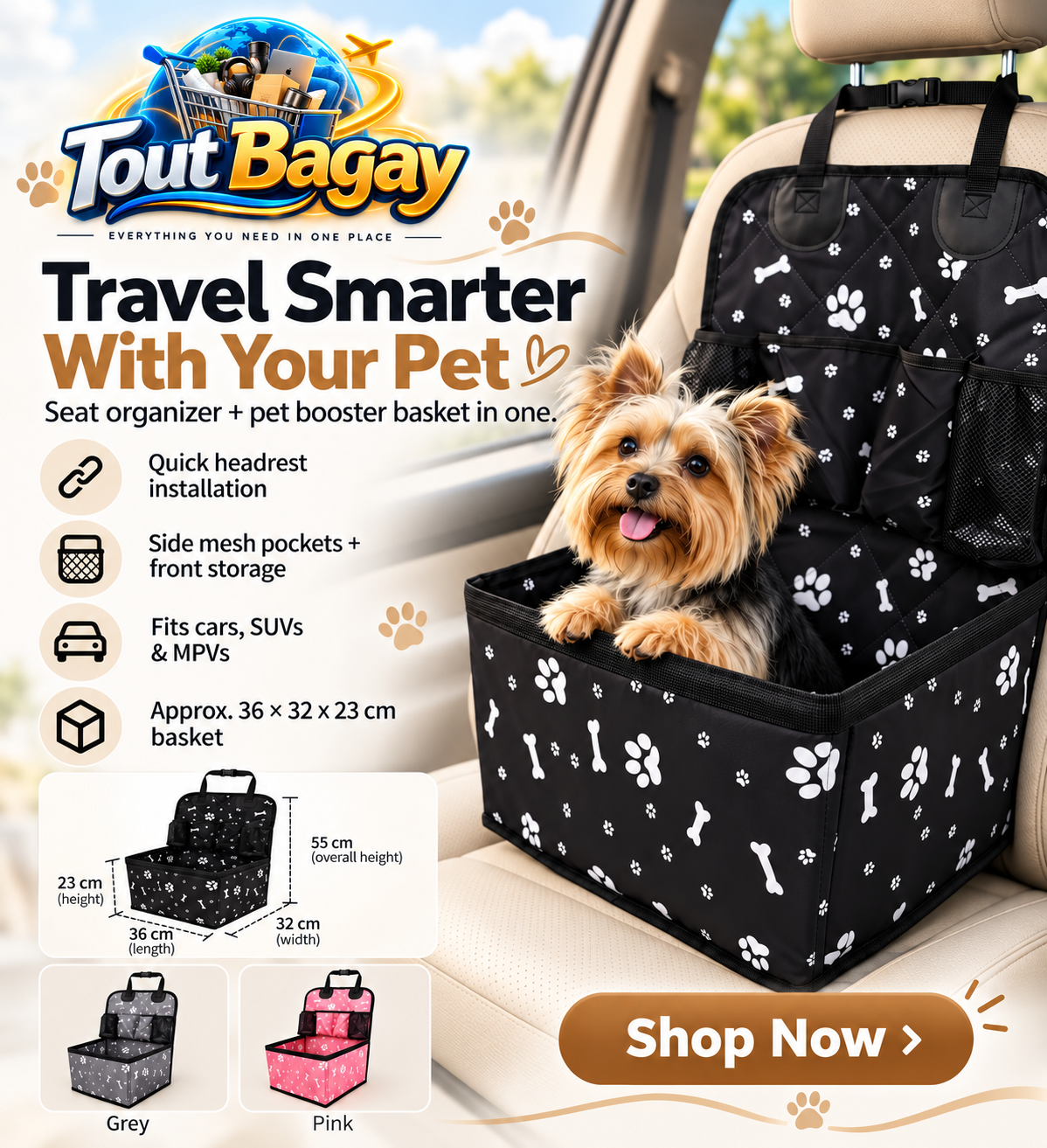 Small dog with paws on the rim of a black portable dog car seat on a beige car seat, with Tout Bagay promo text