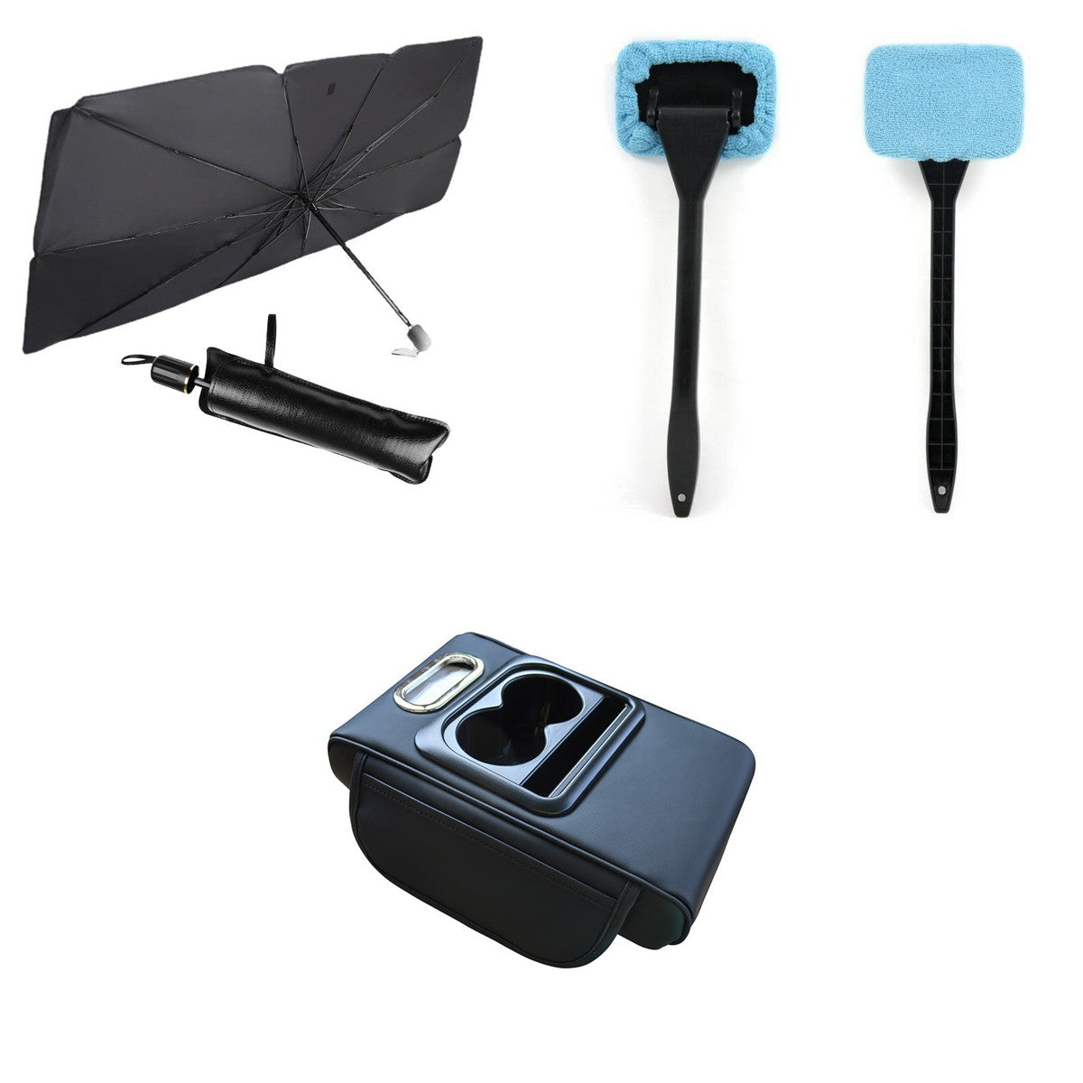 Car Comfort Kit: sun shade, windshield cleaner and armrest organizer