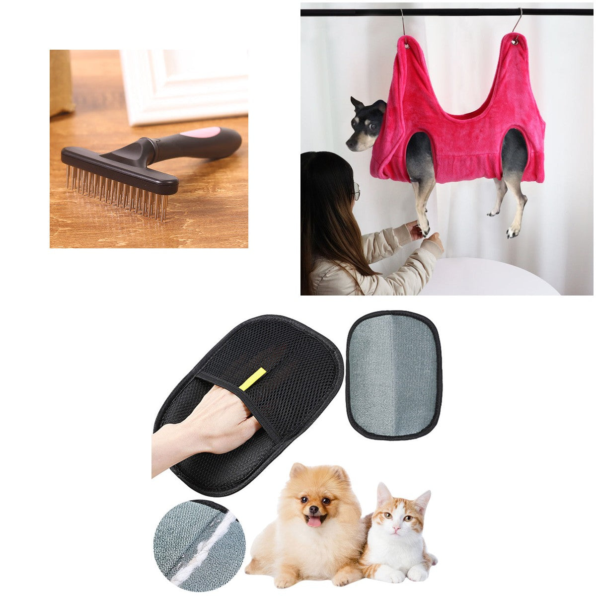 Pet Grooming Kit: rake, grooming hammock and hair remover mitt