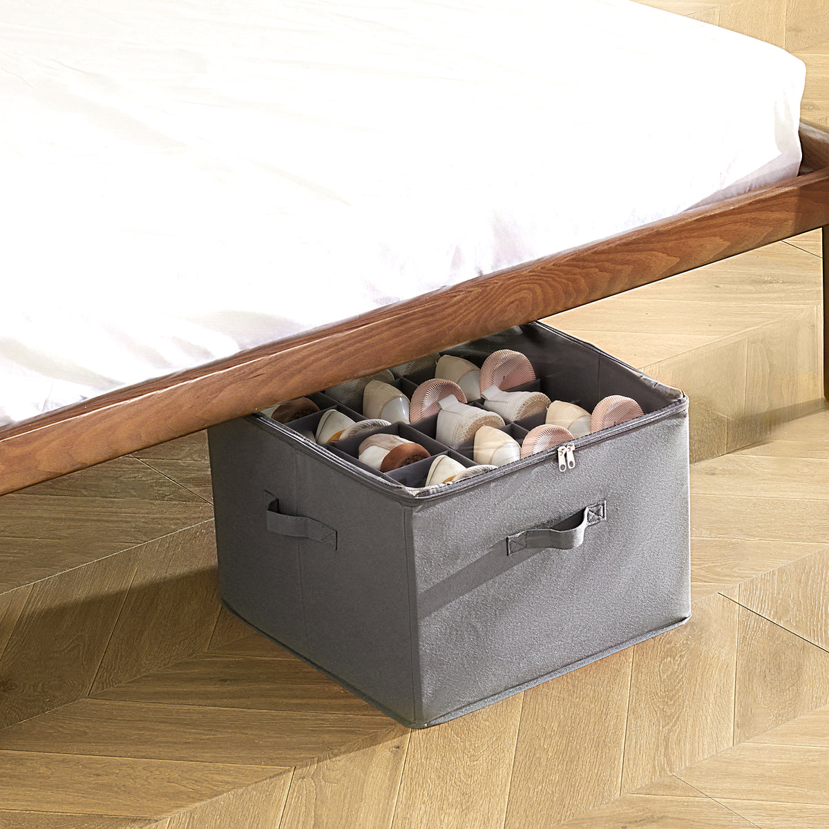 Shoe box under a bed with high clearance