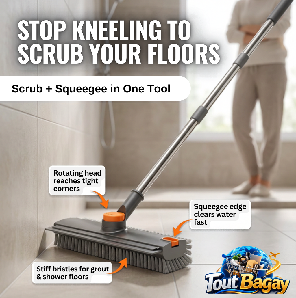 3-in-1 Floor Scrub Brush with Squeegee – Rotating Head & Adjustable Long Handle
