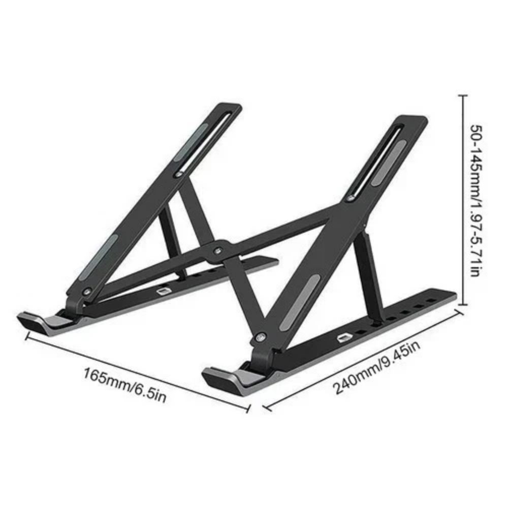 Adjustable laptop stand dimensions shown in millimeters and inches