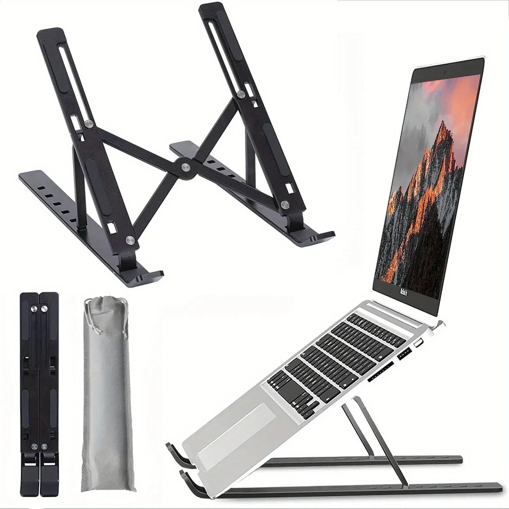 Adjustable laptop stand open and folded with a laptop shown for scale; laptop not included